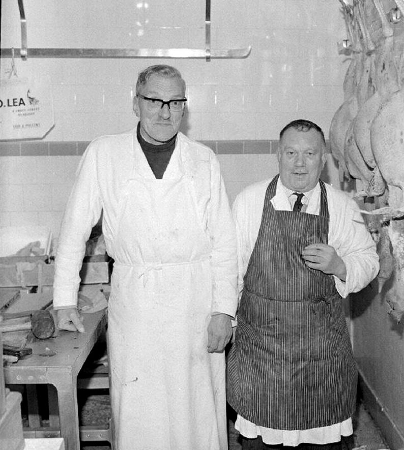 Bill Lea (left) and George Jarman with Christmas turkeys at J.O. Lea's poultry and fishmongers shop in Abbey Street, Nuneaton.  December 17th 1968 |  IMAGE LOCATION: (Warwickshire County Record Office) PEOPLE IN PHOTO: Lea, Bill, Lea as a surname, Jarman, George, Jarman as a surname