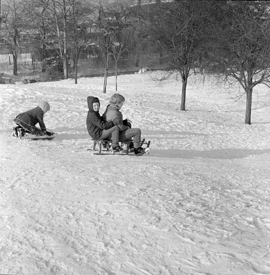 Children tobogganing in the George Eliot gardens, Nuneaton.  February 9th 1969 |  IMAGE LOCATION: (Warwickshire County Record Office)