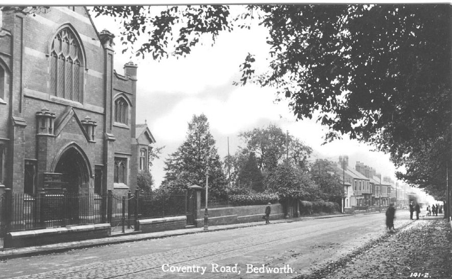 Coventry Road showing the Baptist Church and tramlines down the middle of the road, Bedworth.  1920s |  IMAGE LOCATION: (Warwickshire County Record Office)