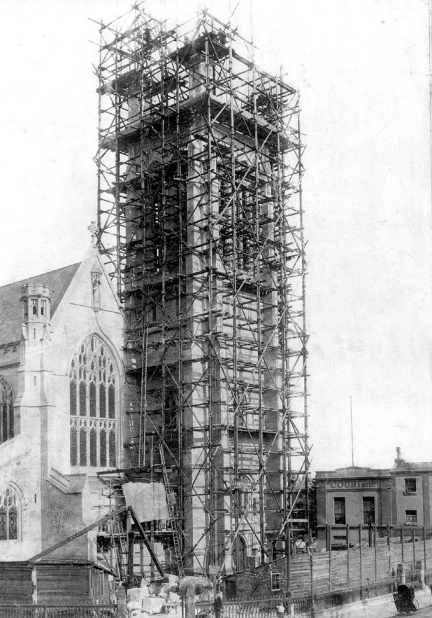 Construction of the western bell tower at All Saints Church, Leamington Spa, during the extensions to the church - 1897 -1902. |  IMAGE LOCATION: (Leamington Library)