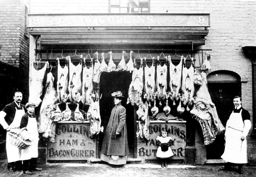 W. Collins butcher's shop in Windsor Street, Leamington Spa.  The Manager, Mr. W. Alsop is on the extreme left.  1900 |  IMAGE LOCATION: (Leamington Library) PEOPLE IN PHOTO: Alsop, William
