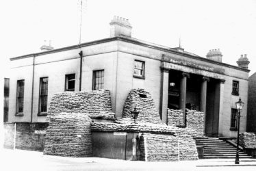 Leamington Spa.  Old Police Station sandbagged