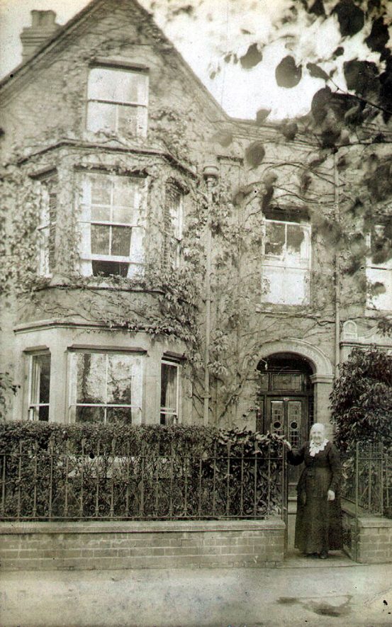 Hannah Harman (Hannah Cooker, 1840-1929) at the front gate of 171 Clifton Road, Rugby.  1922 |  IMAGE LOCATION: (Rugby Library) PEOPLE IN PHOTO: Harman as a surname, Harman, Hannah