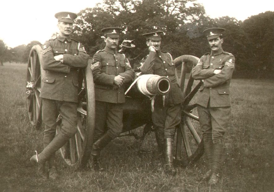 A quartet of Sergeant Instructors from the 4th South Midland (Howitzer) Battery at Coombe Avenue.  1913 |  IMAGE LOCATION: (Rugby Library) PEOPLE IN PHOTO: Turner, Sgt Instructor, Turner as a surname, Nurse as a surname, Nurse, Sgt Instructor, Gray, Sgt Instructor, Gray as a surname, Cowland as a surname, Cowland, Sgt Instructor