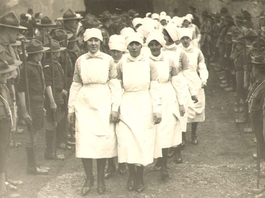 A group of nurses at the opening of the outpatient department by The Duchess of  York, Rugby.  1929

Photograph supplied by kind permission of the Rugby Advertiser. |  IMAGE LOCATION: (Rugby Library)