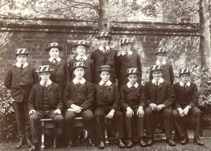 Horton House boys, Rugby School in 1908. Left to right standing - Streatfeild, Stamford, Pett, Liddington, Huxley, Woolf. Sitting - Leslie, Watson, Tealey, Wren, Howard, Spencer.  1908 |  IMAGE LOCATION: (Rugby Library) PEOPLE IN PHOTO: Leslie as a surname, Huxley as a surname, Howard as a surname, Wren as a surname, Woolf as a surname, Watson as a surname, Tealey as a surname, Streatfeild as a surname, Stamford as a surname, Spencer as a surname, Pett as a surname, Liddington as a surname