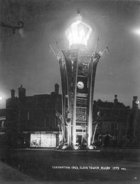 Rugby Clock Tower at night decorated for Queen Elizabeth's Coronation.  1953 |  IMAGE LOCATION: (Rugby Library)