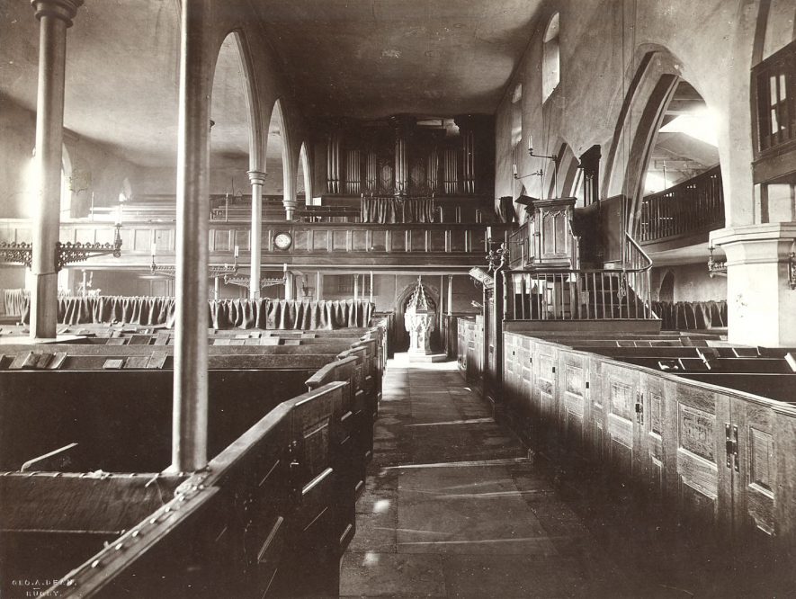 St Andrew's Church interior, west end, Rugby.  1870s |  IMAGE LOCATION: (Rugby Library)