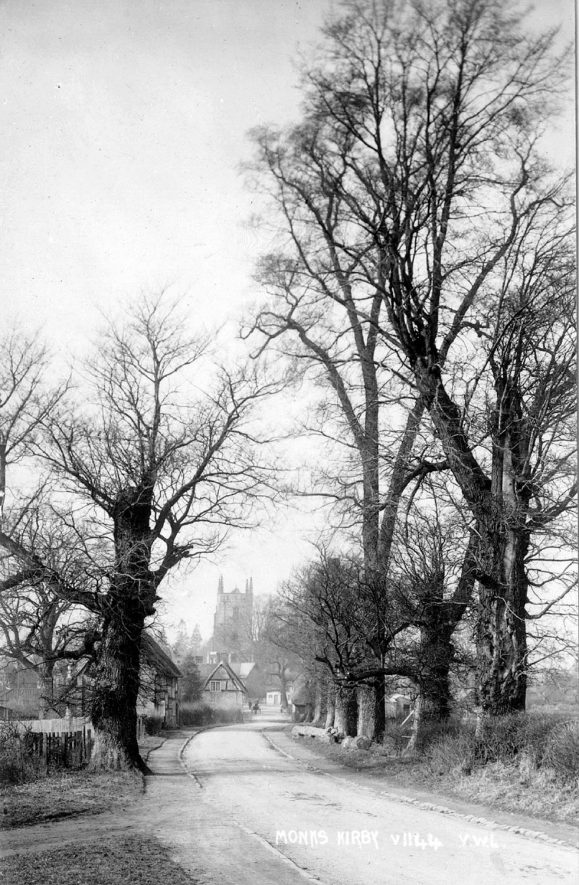 Lane leading to Monks Kirby with Saint Edith's church in the background.  1930s |  IMAGE LOCATION: (Warwickshire County Record Office)