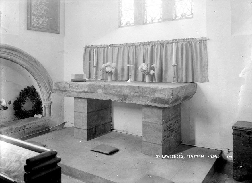 The altar in St Lawrence's church, Napton on the Hill.  1950s |  IMAGE LOCATION: (Warwickshire County Record Office)