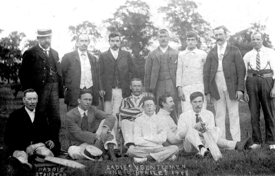 Male team of cricketers posing either before or after match against Brailes ladies.  June 10th 1908 |  IMAGE LOCATION: (Warwickshire County Record Office)