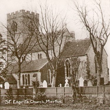View of the exterior of St Esprit's Church, Marton. 1910s.  In the Middle Ages the church was appropriated by a French Order of Nuns in Nuneaton who dedicated it to the Holy Spirit, hence the strange, probably unique, name. |  IMAGE LOCATION: (Warwickshire County Record Office)