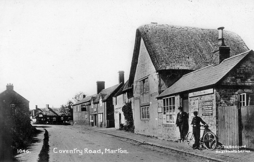 Post office with two men in front and cottages in Coventry Road, Marton.  1920s |  IMAGE LOCATION: (Warwickshire County Record Office)
