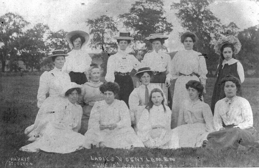 Group of ladies and children before or after Ladies V. Gentlemen match, possibly cricket, Lower Brailes.  June 10th 1908 |  IMAGE LOCATION: (Warwickshire County Record Office)
