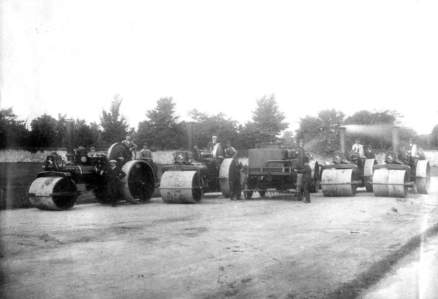 A collection of steam rollers and tar spraying equipment used by Messrs Bomford and Evershed of Salford Priors.  1900s |  IMAGE LOCATION: (Warwickshire County Record Office)