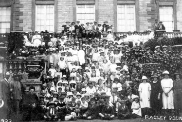 Ragley Hall.  Large group of people on steps of Hall