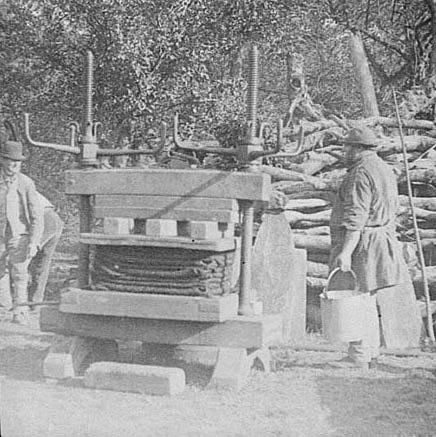 Workers using cider press at  Brailes.  1900s |  IMAGE LOCATION: (Warwickshire Museums. Photographic Collections.)