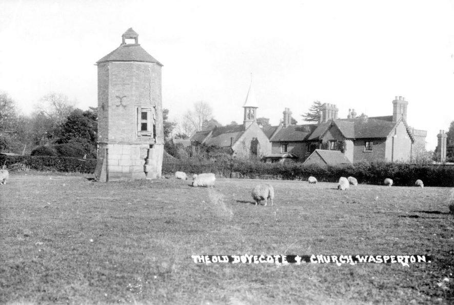 Wasperton dovecote and church.  1930s |  IMAGE LOCATION: (Warwickshire County Record Office)