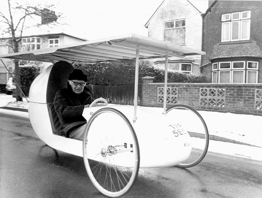 Mr Alan T.Freeman, retired engineer, 72, owner of the world's first solar powered vehicle, on a Rugby street.  1985 |  IMAGE LOCATION: (Rugby Library) PEOPLE IN PHOTO: Freeman, Alan