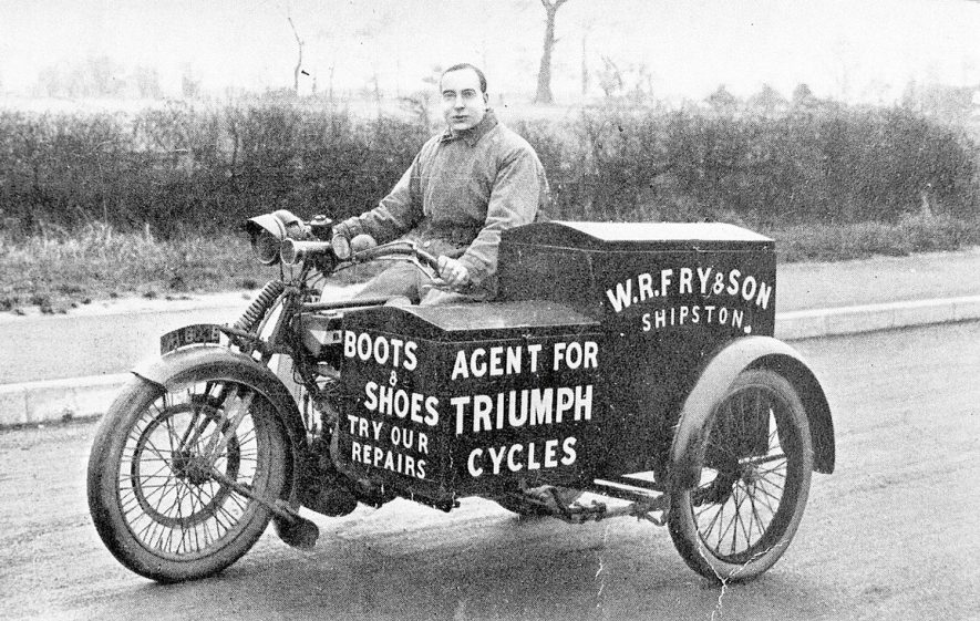 Edgar Fry on motorcycle, Shipston on Stour. Sidecar painted with advertisements for W.R. Fry & Sons.  1930s |  IMAGE LOCATION: (Warwickshire Museums. Photographic Collections.) PEOPLE IN PHOTO: Fry, Edgar, Fry as a surname