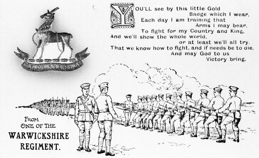 Pen and ink type postcard of soldiers of the Warwickshire Regiment.  1910s |  IMAGE LOCATION: (Warwickshire County Record Office)