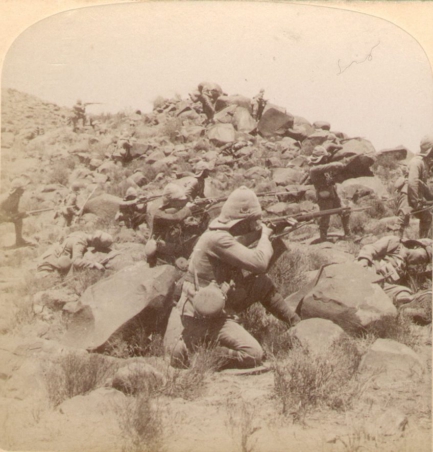 The Warwickshire Regiment skirmishing with Boers near Weppener, South Africa.  1901 |  IMAGE LOCATION: (Warwickshire County Record Office)