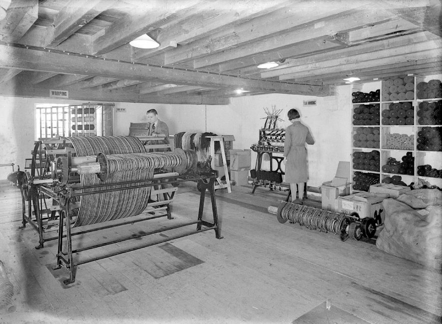Workers using the warping machines at Clifford Chambers Mill.  May 6th 1939 |  IMAGE LOCATION: (Warwickshire County Record Office)