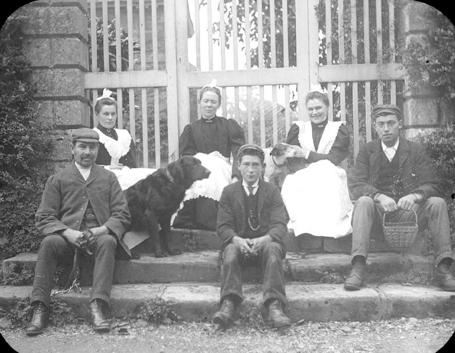 Group of servants and dog from The Manor House, Clifford Chambers.  1900s |  IMAGE LOCATION: (Warwickshire County Record Office)
