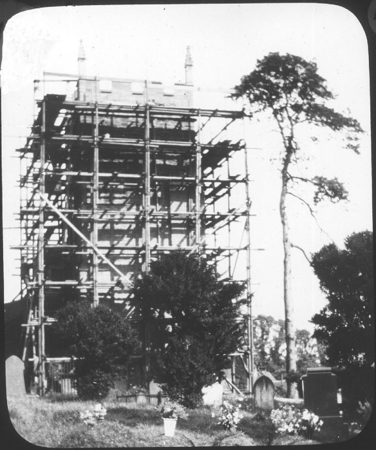 Cubbington church tower undergoing restoration.  1969 |  IMAGE LOCATION: (Warwickshire County Record Office)