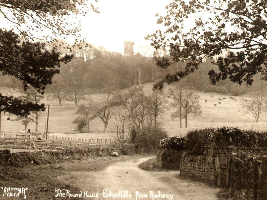 The Round House, built as a folly by Sanderson Miller, Edge Hill, as viewed from the end of a lane in Radway. 1950s |  IMAGE LOCATION: (Warwickshire County Record Office)