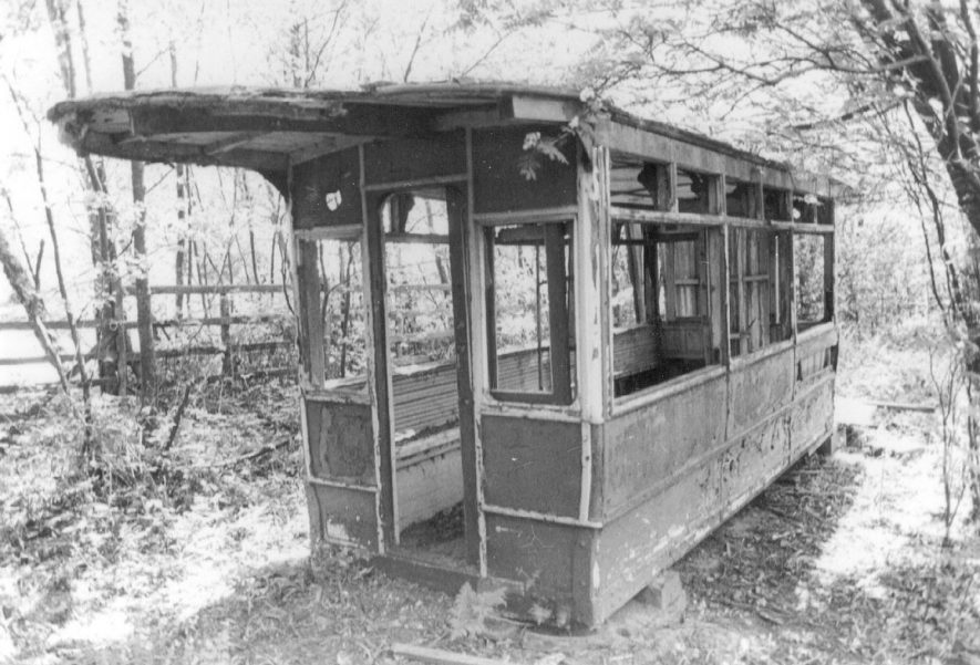 A derelict tram at Fillongley.  1970s |  IMAGE LOCATION: (Warwickshire County Record Office)