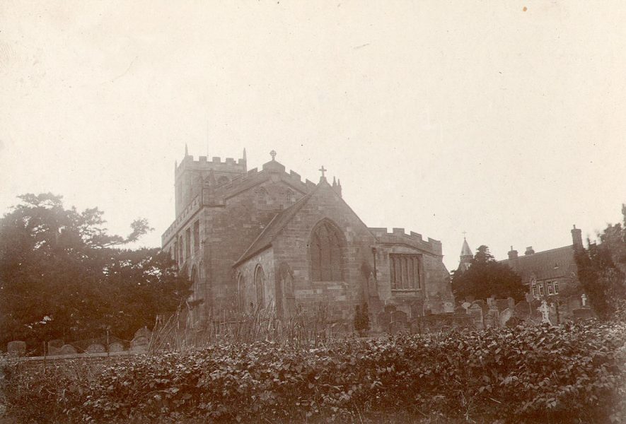 Exterior of St Mary and All Saints church and churchyard, Fillongley.  1900s |  IMAGE LOCATION: (Warwickshire County Record Office)