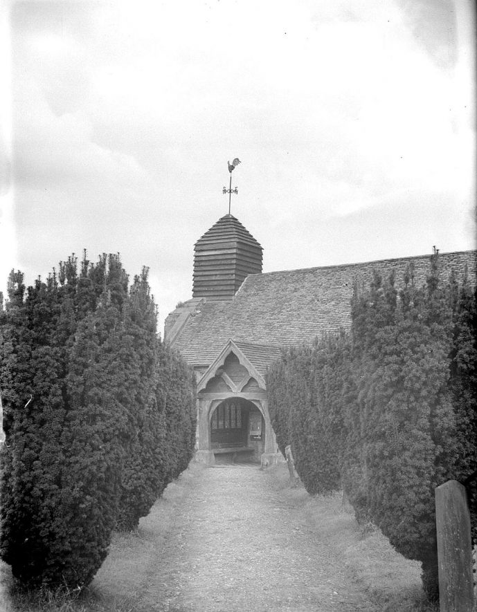 St Margaret's church porch and tower, Hunningham.  1938 |  IMAGE LOCATION: (Warwickshire County Record Office)
