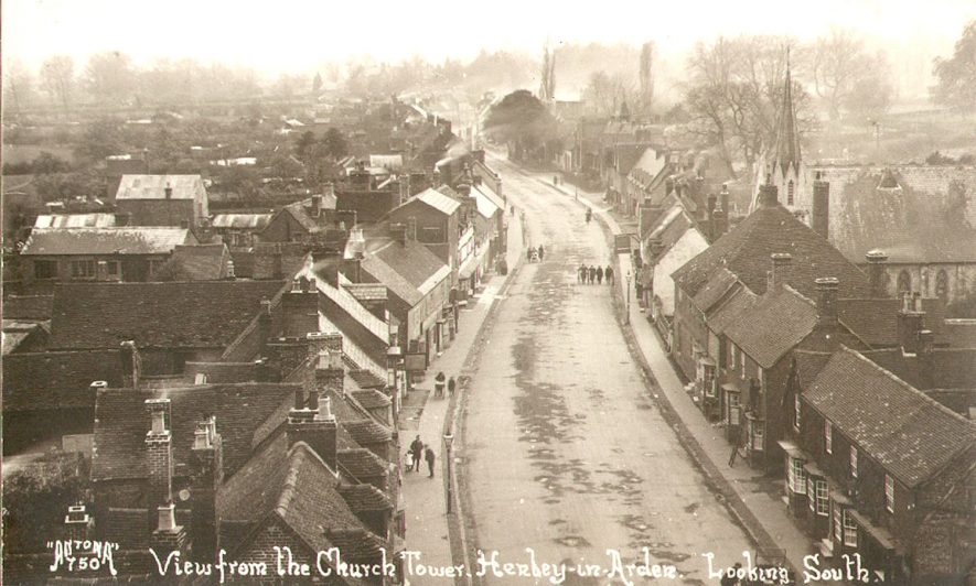 View of the South end of the High Street from the church tower, Henley in Arden.  1920s |  IMAGE LOCATION: (Warwickshire County Record Office)