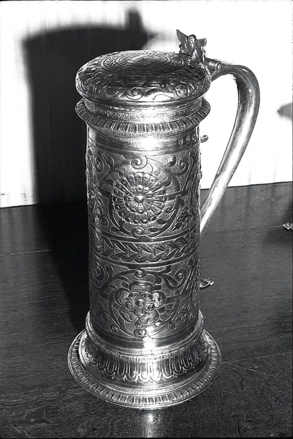 A flagon probably belonging to St Nicholas Church, Kenilworth.  1920s |  IMAGE LOCATION: (Warwickshire County Record Office)