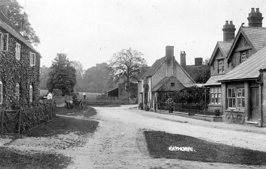 Street in Eathorpe with cottages and fields in the background.  1900s |  IMAGE LOCATION: (Warwickshire County Record Office)