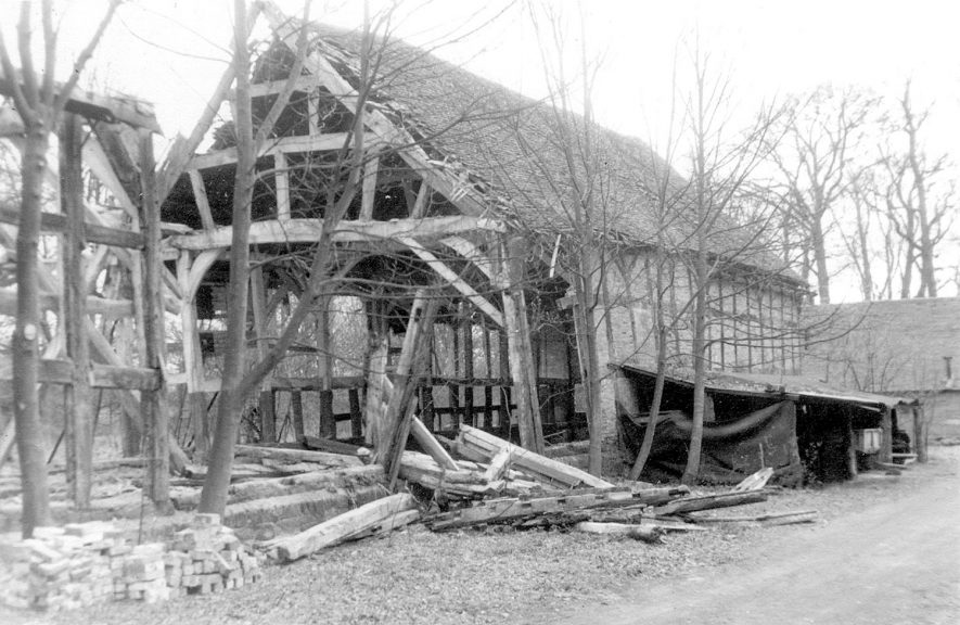 A barn under demolition in Maxstoke.  1965 |  IMAGE LOCATION: (Warwickshire County Record Office)