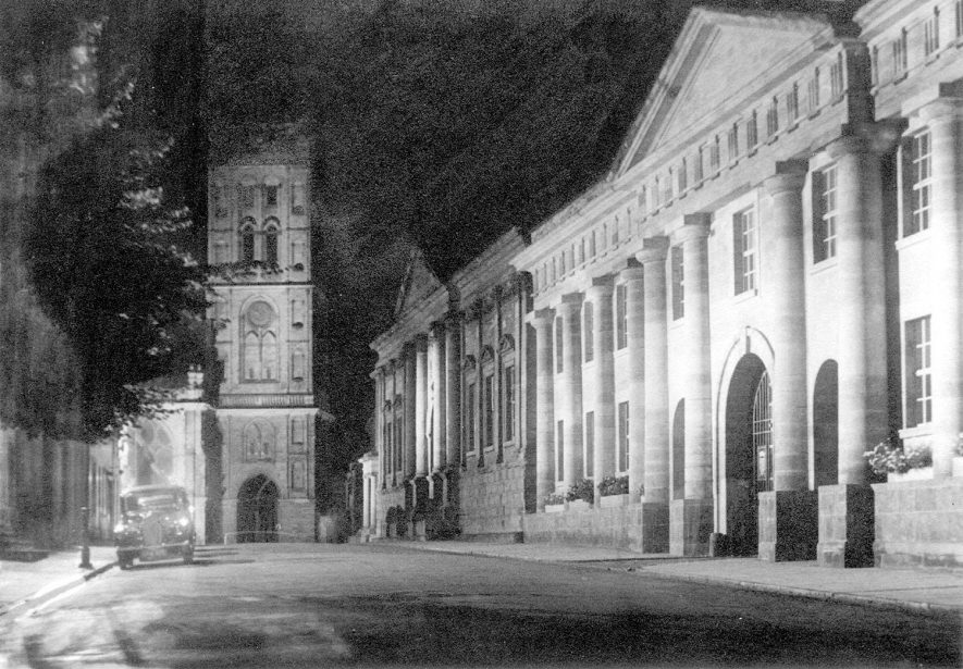 St Mary's church and County Hall, Warwick, at night, taken from the far end of Northgate Street.  1940s |  IMAGE LOCATION: (Warwickshire County Record Office)