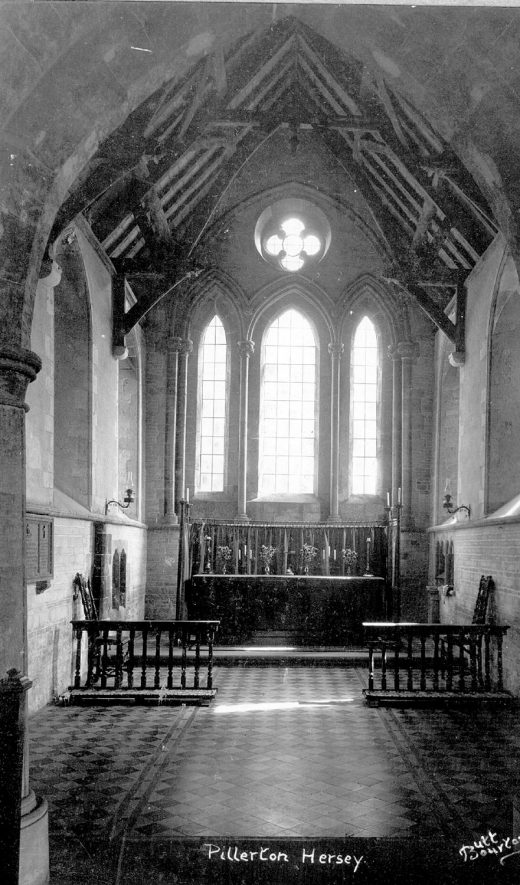 Pillerton Hersey parish church interior looking towards the altar.  1930s |  IMAGE LOCATION: (Warwickshire County Record Office)