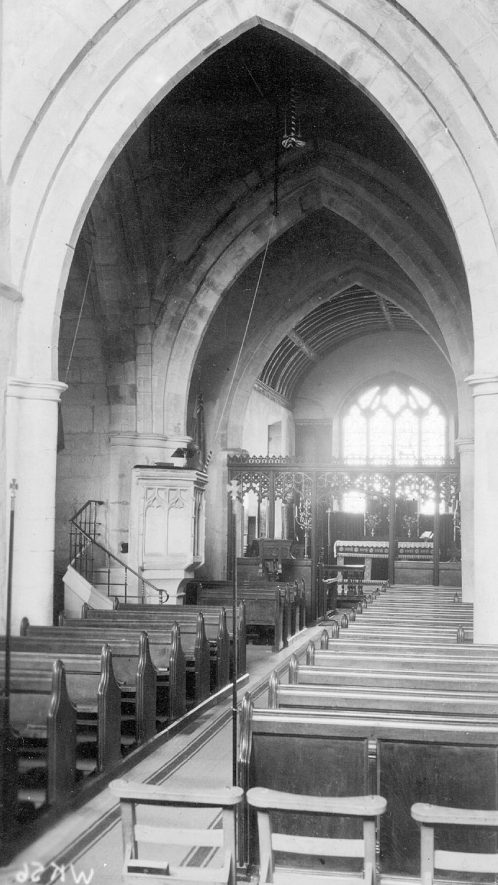 Interior of St Lawrence, Rowington. Looking south east from the north side of nave.  1938