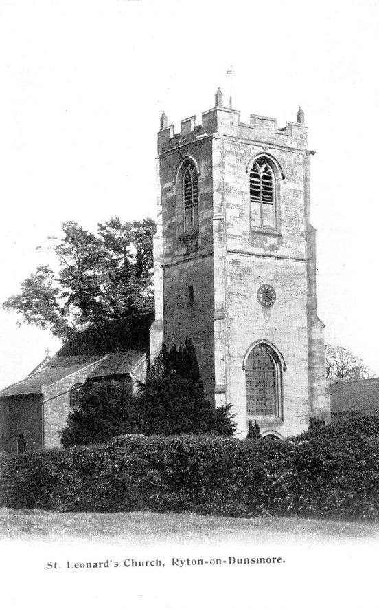 The tower of St Leonard's Church, Ryton of Dunsmore.  1920s |  IMAGE LOCATION: (Warwickshire County Record Office)