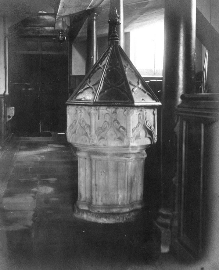 Font in St. Margaret's Church, Wolston.  1900s |  IMAGE LOCATION: (Warwickshire County Record Office)