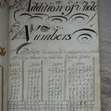 The 'Addition of Whole Numbers', a page of arithmetic with decorative script. | Warwickshire County Record Office reference CR2539