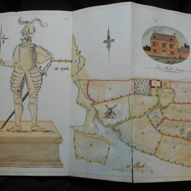 Hill Farm with its protector? A large figure clad in armour is posed to the left of the map. | Warwickshire County Record Office reference CR347/5