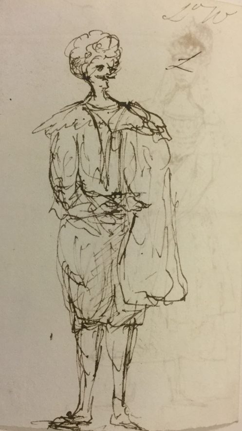 A sketch probably of Henry Richard Greville, 3rd Earl of Warwick, in 'Van Dyck' dress - presumably for a ball. | Warwickshire County Record Office reference CR1886/Box 624.