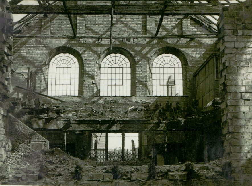 The old Bedworth Methodist Church in ruins after a fire, 1941. | Image supplied by Kath Allton