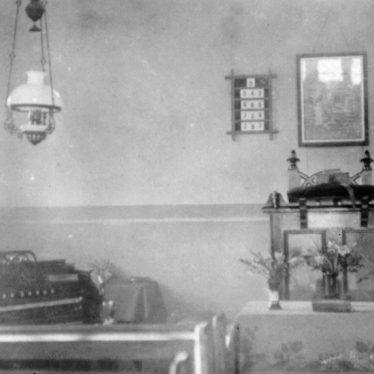 Pews, harmonium, altar, gas lamp, hymn board etc | Image courtesy of Marton Local History Group