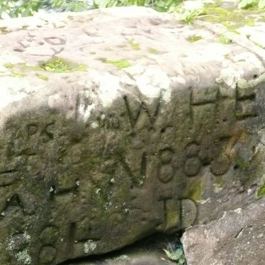 Victorian graffiti on wall at side of weir at the Saxon Mill. 2017. | Image courtesy of William Arnold