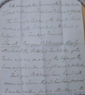 Catholic Emancipation: copy petition from inhabitants of Halford opposing bill, 1829. | Warwickshire County Record Office reference DR 362/102/1