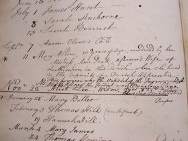 Close-up of the entry for Mary Allen in the register. | Warwickshire County Record Office reference DR536/2